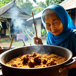 Nostalgic Rendang Cooking**

*Prompt:* A warm, inviting kitchen scene. A grandmother (Nenek) with a kind face is stirring a large pot of rendang over a traditional stove (dapur). Sunlight streams in, illuminating the rich, dark color of the rendang. Spices and local ingredients (chillies, turmeric, lemongrass, galangal) are scattered around her. Focus on the aromatic steam rising from the pot. In the background, a glimpse of a traditional Malay village (kampung) can be seen. The overall feeling should evoke nostalgia and the warmth of family.

**