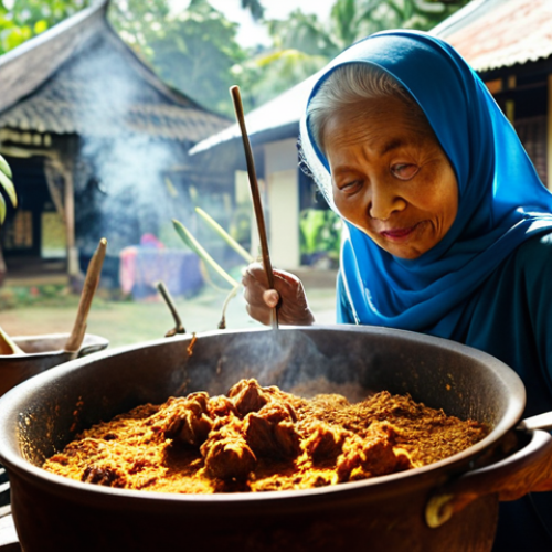 Home 11 Nostalgic Rendang Cooking**
*Prompt:* A warm, inviting kitchen scene. A grandmother (Nenek) with a kind face is stirring a large pot of rendang over a traditional stove (dapur). Sunlight streams in, illuminating the rich, dark color of the rendang. Spices and local ingredients (chillies, turmeric, lemongrass, galangal) are scattered around her. Focus on the aromatic steam rising from the pot. In the background, a glimpse of a traditional Malay village (kampung) can be seen. The overall feeling should evoke nostalgia and the warmth of family.
**