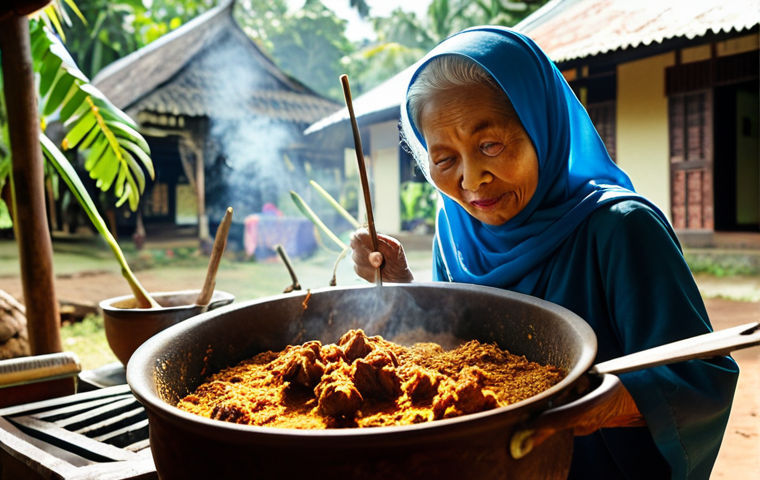 Nostalgic Rendang Cooking**
*Prompt:* A warm, inviting kitchen scene. A grandmother (Nenek) with a kind face is stirring a large pot of rendang over a traditional stove (dapur). Sunlight streams in, illuminating the rich, dark color of the rendang. Spices and local ingredients (chillies, turmeric, lemongrass, galangal) are scattered around her. Focus on the aromatic steam rising from the pot. In the background, a glimpse of a traditional Malay village (kampung) can be seen. The overall feeling should evoke nostalgia and the warmth of family.
**