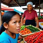 ** A vibrant Malaysian "pasar tani" (farmer's market) overflowing with fresh produce. A grandmother (arwah nenek) carefully selects vegetables, her face etched with wisdom. In the background, a young child watches, learning about the importance of slow food. Focus on the colors and textures of the local ingredients like spices and chilies.

**