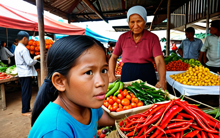 ** A vibrant Malaysian "pasar tani" (farmer's market) overflowing with fresh produce. A grandmother (arwah nenek) carefully selects vegetables, her face etched with wisdom. In the background, a young child watches, learning about the importance of slow food. Focus on the colors and textures of the local ingredients like spices and chilies.
**