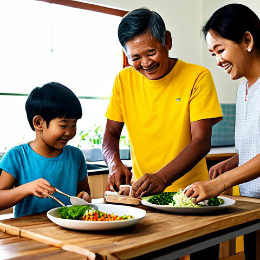 A multi-generational Malaysian family in a clean, well-lit home kitchen, happily preparing a 'slow food' meal together. Fresh, local, and seasonal ingredients like vibrant vegetables, herbs, and fish are neatly arranged on a rustic wooden countertop. Adults and children are seen engaged in gentle food preparation, such as washing produce and mixing ingredients, fostering a sense of togetherness and shared experience. The lighting is warm and inviting, highlighting the natural textures of the food. Professional photography, high detail, perfect anatomy, correct proportions, natural pose, well-formed hands, proper finger count, natural body proportions, safe for work, appropriate content, fully clothed, family-friendly, modest clothing.