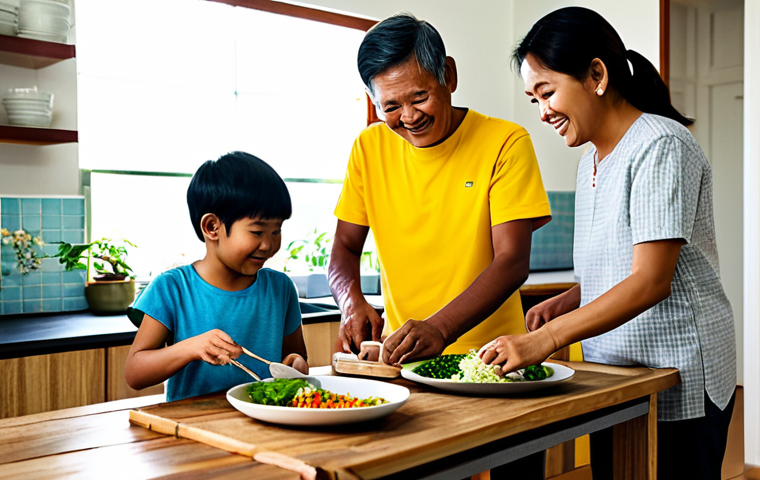 A multi-generational Malaysian family in a clean, well-lit home kitchen, happily preparing a 'slow food' meal together. Fresh, local, and seasonal ingredients like vibrant vegetables, herbs, and fish are neatly arranged on a rustic wooden countertop. Adults and children are seen engaged in gentle food preparation, such as washing produce and mixing ingredients, fostering a sense of togetherness and shared experience. The lighting is warm and inviting, highlighting the natural textures of the food. Professional photography, high detail, perfect anatomy, correct proportions, natural pose, well-formed hands, proper finger count, natural body proportions, safe for work, appropriate content, fully clothed, family-friendly, modest clothing.