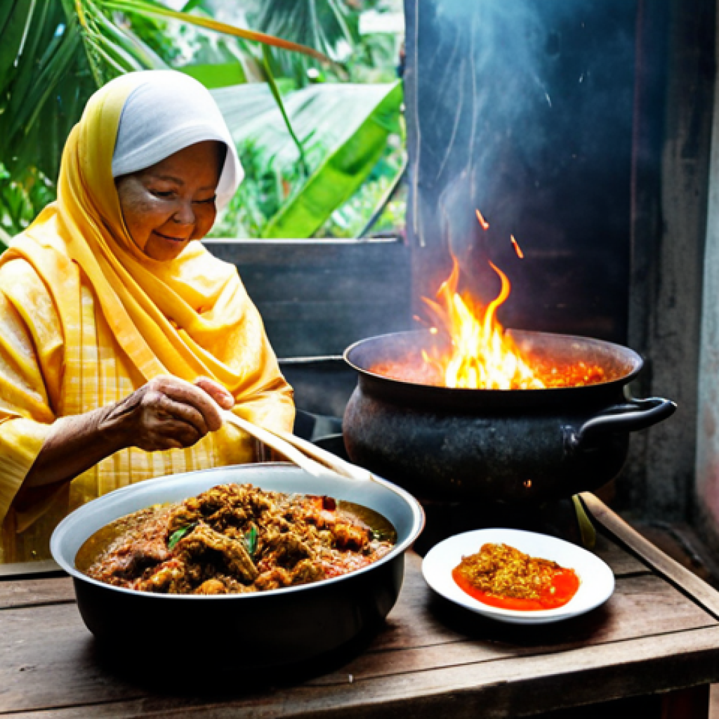Traditional Malaysian Cooking**
"A Malaysian grandmother in her kitchen, fully clothed in a traditional *baju kurung*, preparing *rendang* in a *kuali* over a wood-burning stove. The kitchen is filled with fresh, local ingredients like chilies, lemongrass, and coconut milk. Steam rises from the *rendang*, filling the air with a rich aroma. Safe for work, appropriate content, family-friendly, perfect anatomy, natural proportions, professional photography, high quality, focus on the warmth and tradition of Malaysian cuisine."
**