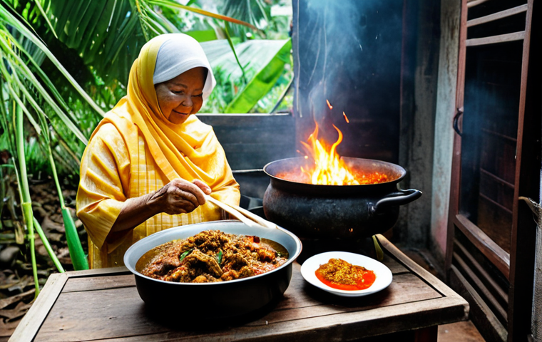 Traditional Malaysian Cooking**
"A Malaysian grandmother in her kitchen, fully clothed in a traditional *baju kurung*, preparing *rendang* in a *kuali* over a wood-burning stove. The kitchen is filled with fresh, local ingredients like chilies, lemongrass, and coconut milk. Steam rises from the *rendang*, filling the air with a rich aroma. Safe for work, appropriate content, family-friendly, perfect anatomy, natural proportions, professional photography, high quality, focus on the warmth and tradition of Malaysian cuisine."
**