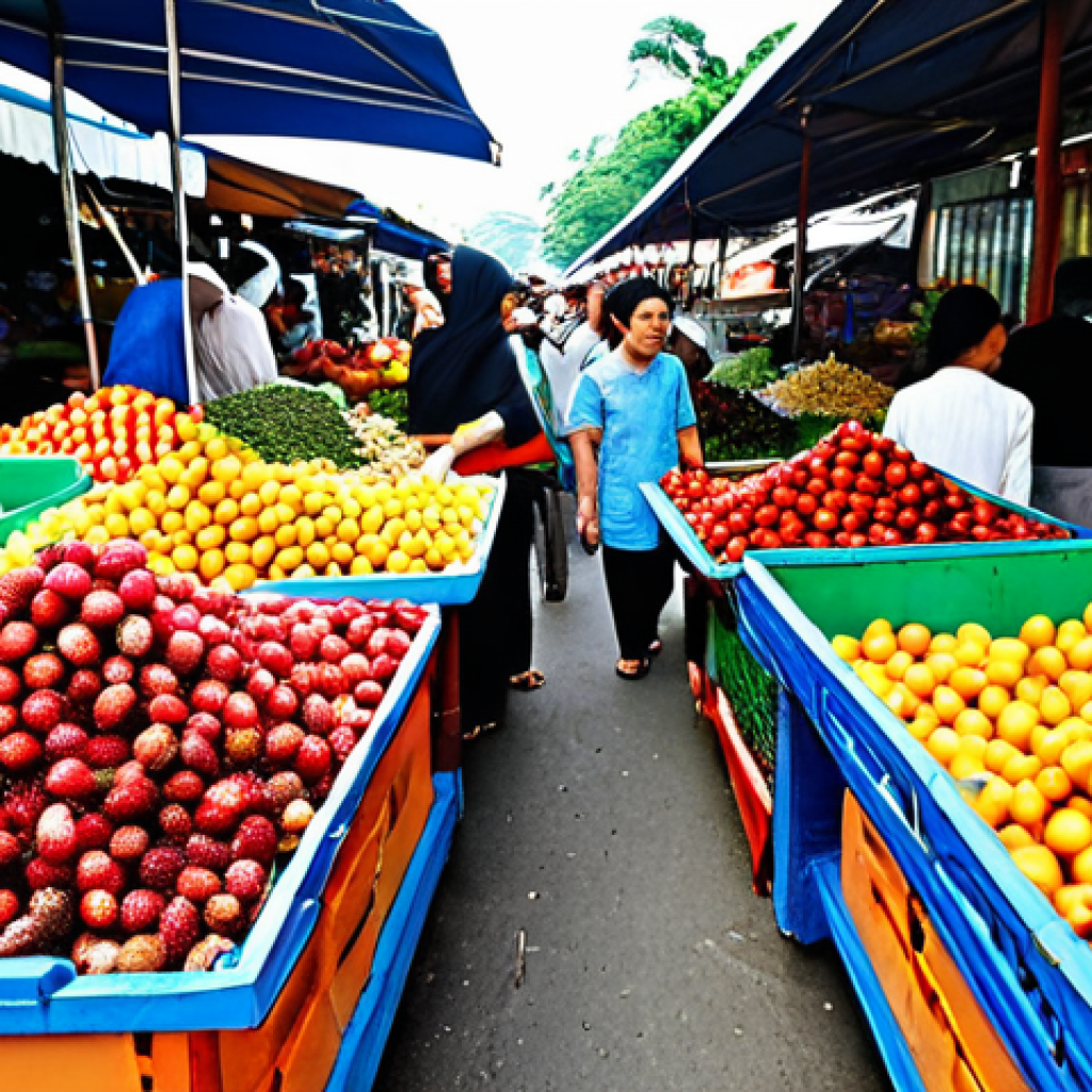 A Bustling Pasar Tani (Farmer's Market)**

"A vibrant Pasar Tani scene in Malaysia, filled with vendors selling fresh produce, colourful fruits like rambutans and mangosteens, and spices. People are browsing the stalls, wearing modest, traditional Malaysian clothing like baju kurung and batik shirts. Focus on the detail of the fresh ingredients and the friendly interaction between vendors and customers. Safe for work, appropriate content, fully clothed, professional photography, perfect anatomy, natural proportions, family-friendly."

**