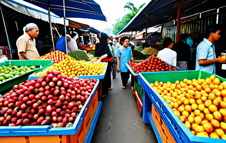 A Bustling Pasar Tani (Farmer's Market)**
"A vibrant Pasar Tani scene in Malaysia, filled with vendors selling fresh produce, colourful fruits like rambutans and mangosteens, and spices. People are browsing the stalls, wearing modest, traditional Malaysian clothing like baju kurung and batik shirts. Focus on the detail of the fresh ingredients and the friendly interaction between vendors and customers. Safe for work, appropriate content, fully clothed, professional photography, perfect anatomy, natural proportions, family-friendly."
**