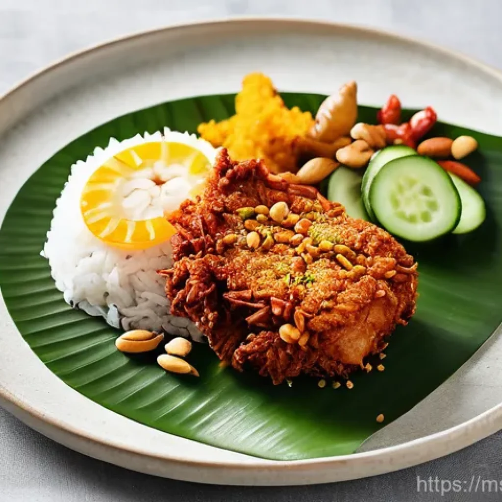 슬로우 푸드와 혁신적인 요리 기술 - A beautifully plated Nasi Lemak dish, featuring fragrant coconut rice, a vibrant red sambal, crispy ...