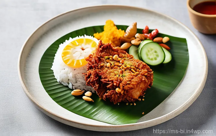 슬로우 푸드와 혁신적인 요리 기술 - A beautifully plated Nasi Lemak dish, featuring fragrant coconut rice, a vibrant red sambal, crispy ...