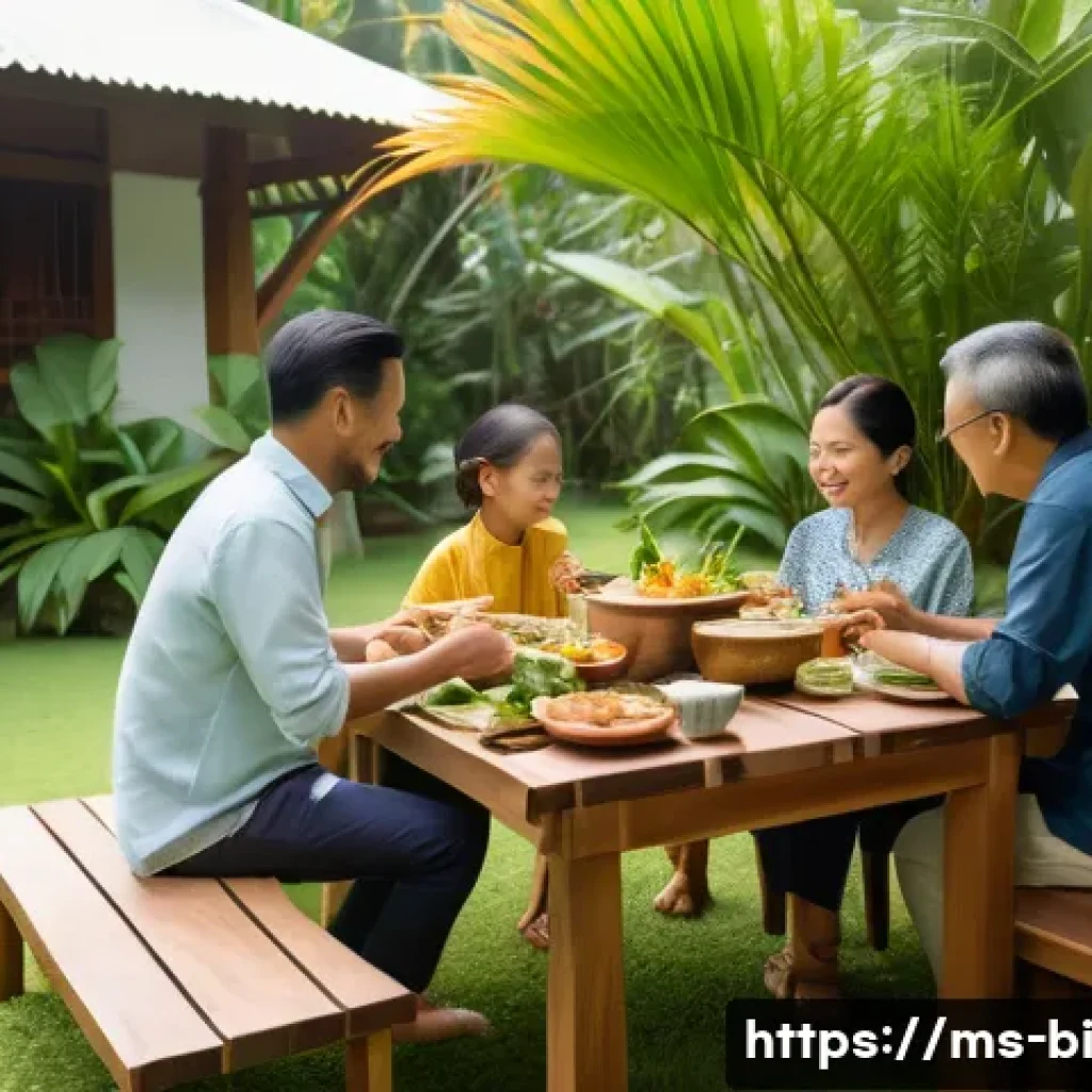 슬로우 푸드와 음식 교육 - A serene Malaysian traditional dining scene showing a family enjoying a slow food meal together at a...