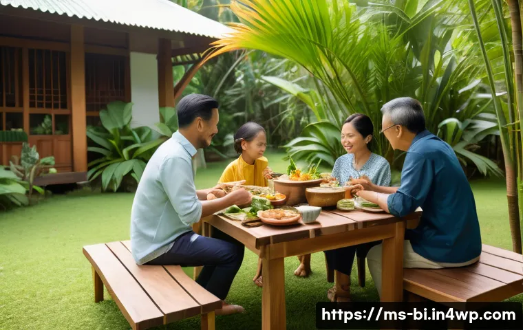 슬로우 푸드와 음식 교육 - A serene Malaysian traditional dining scene showing a family enjoying a slow food meal together at a...