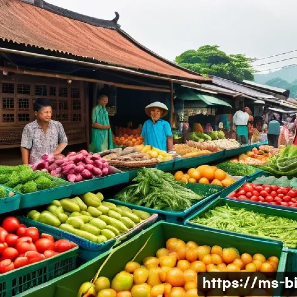 슬로우 푸드의 트렌드와 미래 전망 - A vibrant Malaysian farmer’s market scene during daytime, showcasing local farmers selling fresh org...