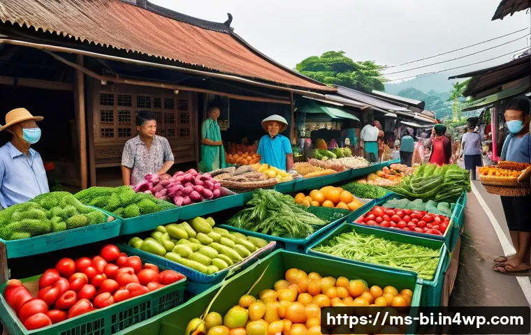 슬로우 푸드의 트렌드와 미래 전망 - A vibrant Malaysian farmer’s market scene during daytime, showcasing local farmers selling fresh org...