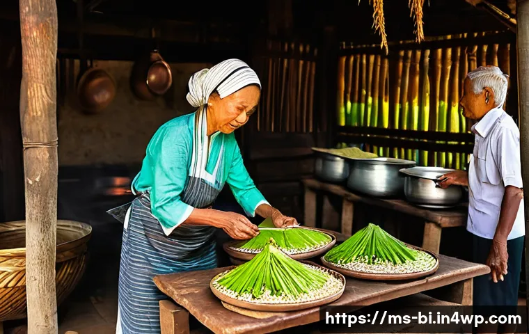 슬로우 푸드로 확장하는 관광 산업 - A vibrant traditional Malaysian village kitchen scene during daytime, featuring a middle-aged Malay ...