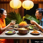 Home 20 슬로우 푸드를 통한 건강한 삶 - A cozy Malaysian family dining scene during dinner time, featuring a diverse family seated around a ...