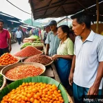 Home 19 슬로우 푸드의 지역별 특징 - A vibrant traditional Malaysian morning market scene in Kuala Lumpur, with local farmers and vendors...