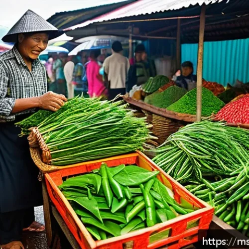 Home 30 슬로우 푸드와 계절별 식재료 활용법 - A vibrant Malaysian traditional market scene during the rainy season, showcasing fresh local seasona...