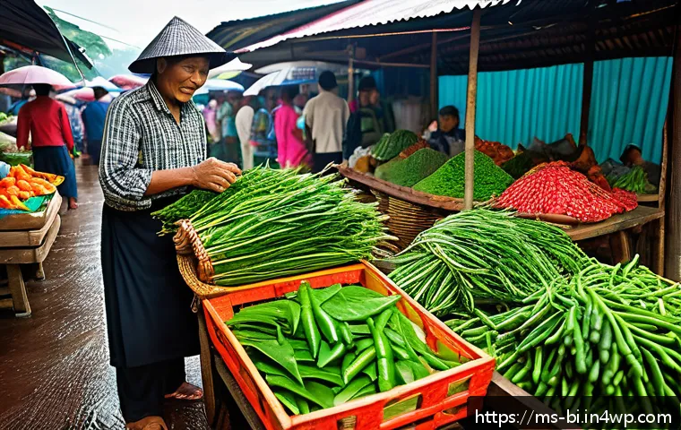 슬로우 푸드와 계절별 식재료 활용법 - A vibrant Malaysian traditional market scene during the rainy season, showcasing fresh local seasona...