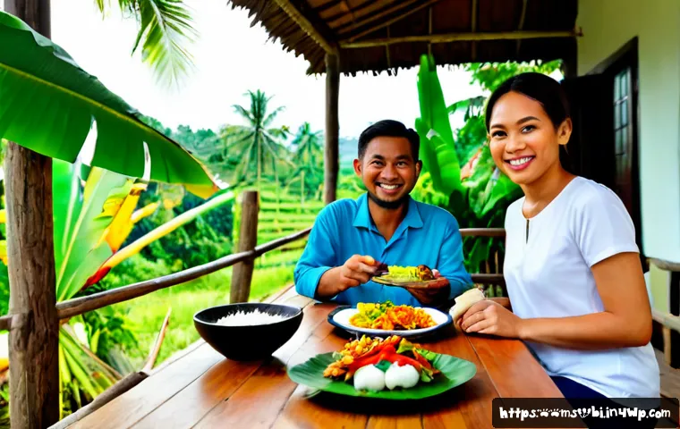 Home 17 슬로우 푸드와 지속 가능한 관광 - Photorealistic slow food experience at a rustic Malaysian kampung farmhouse, a smiling local family ...