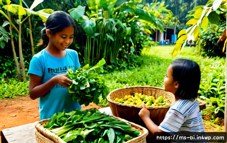 슬로우 푸드와 체험형 교육 - Photorealistic slow food educational workshop in a Malaysian village community garden, Malay childre...